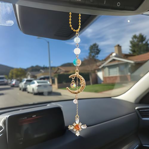 Sun Moon Car Charm Hanging, Boho Dangling Automotive Decor-Rear View Mirror Decoration with Handmade Healing Crystals Stones, Cute Interior Ornament Car Accessories - color: Moon Crystal