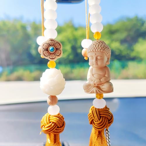 Buddha 백미러 액세서리 걸이용 참, 태슬이 있는 연민의 보살 자동차 걸이 장식, 여성/남성을 위한 귀여운 자동차 액세서리, Fo Bao Ping an - color: 골드.