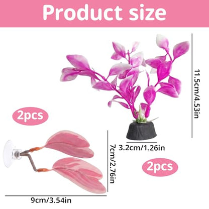 4 PCS Pink Fish Tank Decor, Fish Hammock Resting Leaf, Artificial Underwater Plants Decorations, Set of Two Pink Aquarium Decor with Two Betta Fish Leaves