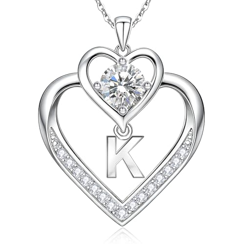 RIVIKO 1 Carat Moissanite Heart Initial Necklace for Women,Letter Pendant - color: Letter K
