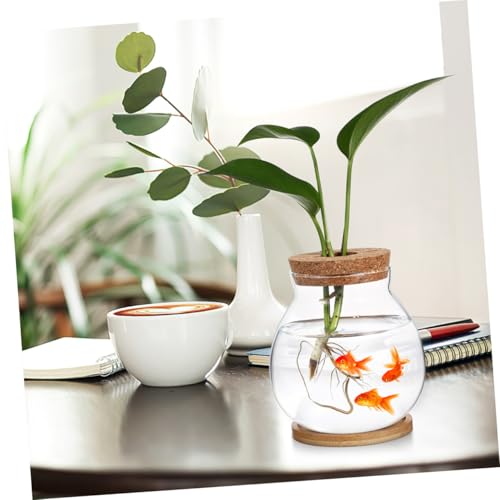 Happyyami Small Fish Bowl with Wood Lid Hydroponic Glass Mini Aquarium 10x11cm with Mat Desktop Fish Tank and Home Office Decor