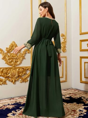 Women Muslim Abaya Kaftan Dress Lace Ethnic Moroccan Dress Eid Prayer Clothes Arabian Maxi Robe - color: Dark Green, size: Medium
