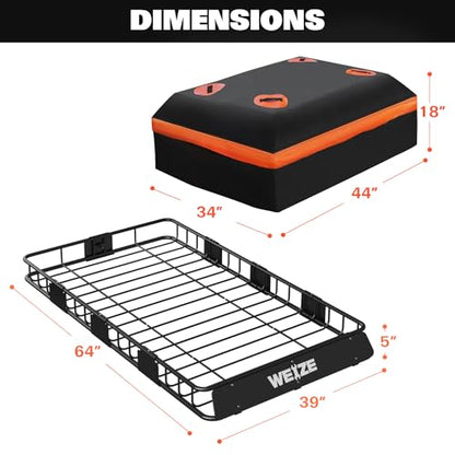 WEIZE Heavy Duty 64"x 39" Roof Rack, Rooftop Cargo Carrier Basket with Waterproof Bag, Tie Down Strap & Net, Car Top Luggage Holder for SUV, 150lb Capacity, Steel Construction - size: 64" x 39" x 5"