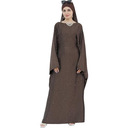 Muslim Abaya Dress 1Piece Bat Sleeve Kaftan Robe Women Islamic Maxi Dress Rhinestone Jilbab Eid Shiny Abaya(No scarf) - color: Brown I