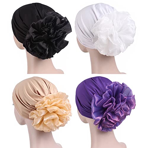 Women Flower Elastic Turban Beanie Head Scarf wrap Chemo Cap hat for Cancer Patient - color: Black White Khaki Purple