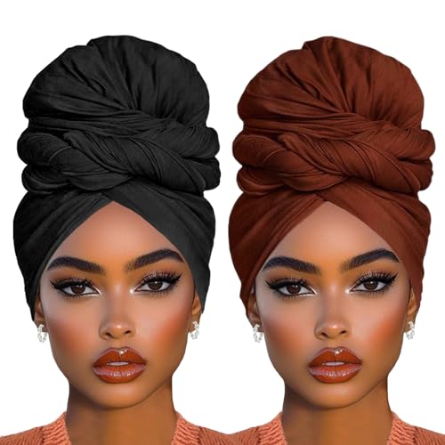COOKOO 2 Piece Stretch Hijab Extra Jersey Turban African Women's Soft Head Wraps Fashion Head Scarf Long Solid Color Head Band Head Scarf for Women(Black+Coffee) - color: Black+Coffee