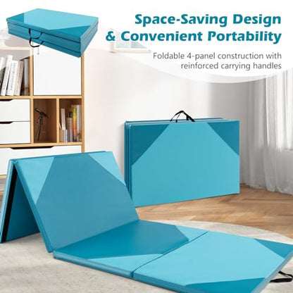 Goplus Folding Gymnastics Mat, 10’ x 4’ x 2’’ Thick Tumbling Mats with PU Leather, Hook & Loop Fasteners, Portable Handles, 4-Panel Exercise Mat for Home Gym Workouts, Yoga - color: Baby Blue+Blue