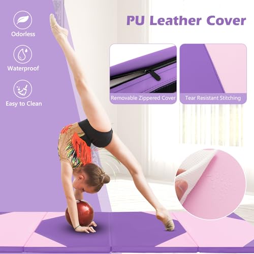 Goplus Folding Gymnastics Mat, 10’ x 4’ x 2’’ Thick Tumbling Mats with PU Leather, Hook & Loop Fasteners, Portable Handles, 4-Panel Exercise Mat for Home Gym Workouts, Yoga - color: Pink+Purple