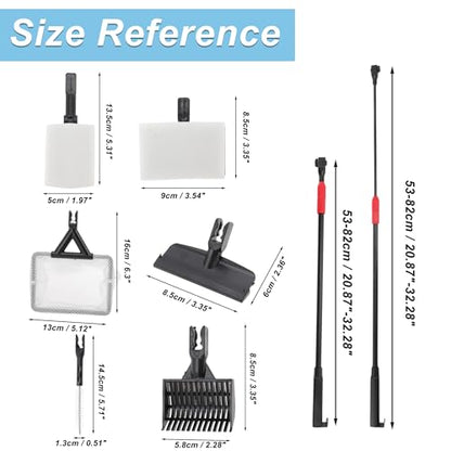 Fish Tank Cleaning Tools, 6 in 1 Fish Tank Cleaning Tools, Aquarium Cleaning Kit, Adjustable Telescopic Long Handle, with Scraper, Fish Net, Gravel Rake, Sponge Brush
