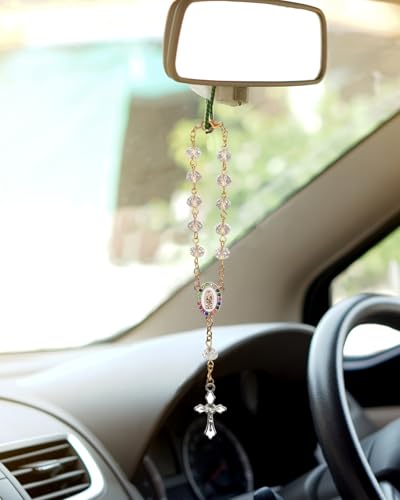 Rimvoe Car Rosary for Rearview Mirror Hanging - Catholic Religious Devout Gift with Virgin Mary Charm and Crucifix, Ideal Catholic Rosary Gifts for Men & Women - color: white