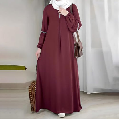 Muslim Prayer Dress Long Sleeve Round Neck Loose Abaya Maxi with Sequin Detail Flowy Sun Dress Casual Cover Up - color: 01#_wine, size: X-Large