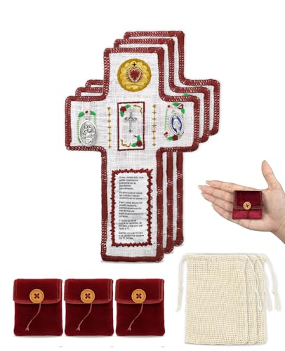 Onism Spanish Pocket Prayer Quilt with Cross, Catholic Gift, 3 Pack Red | Embroidered verses, Sacred Heart and saint medals, velvet fold-up pouch, sympathy and get well comfort for women - color: 3pcs Red – Small (No Pocket)