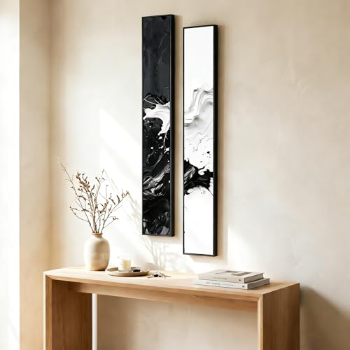 QKF 2Pcs Narrow B&W Fluid Abstract Art, Alu Frame Gloss Canvas Hallway - color: Black Ink & White Splash, size: 6" × 48"