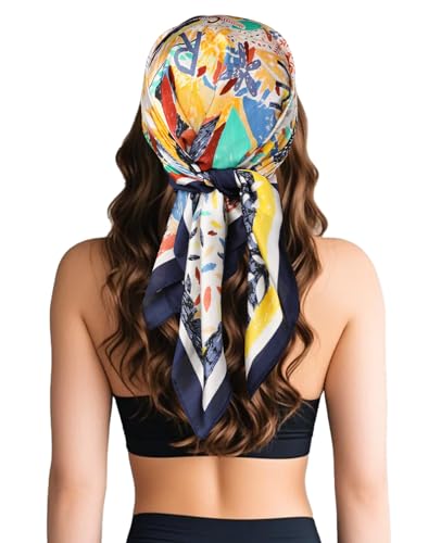 Sumolux Head Hair Scarf for Women Like Satin Silk Scarf Bandana Hair Wrapping Night Large Square Scarves 27.5" - color: Blue Lucky Flower
