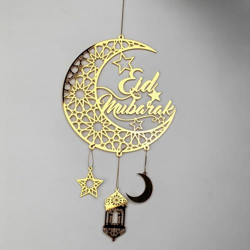 FUNCATCHER Ramadan Decorations for Home - 8.5x8.5 Inch Golden Acrylic Crescent Moon Hanging Ornaments, Islamic Eid Wall Door Decor (1, B)