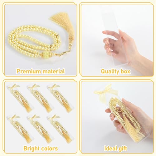 24 Sets Muslim Prayer Beads Gifts Bulk Islamic Eid Party Favors with Bows Box 99 Beads Islamic Prayer Tasbih Rosary Jewelry Moslem Misbaha Tasbeeh Bracelet for Ramadan Hajj Religious Wedding(Yellow)