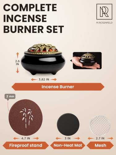 Frankincense Burner for Resin & Bakhoor – Glazed Black Ceramic Charcoal Incense Burner with Lid, Stainless Steel Mesh and Heat-Resistant Cotton Lining, Gothic Altar Censer - color: Black Single