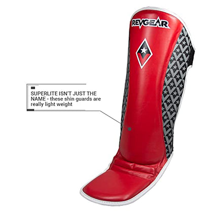 Revgear Superlite Light Weight Leather Shin Guards | for Martial Arts/MMA - color: Red, size: Large