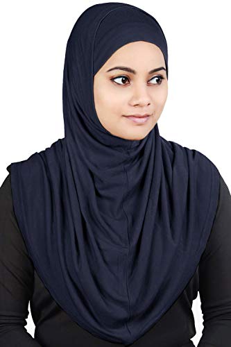 MyBatua Women's 2-Piece Al-Amira Hijab with Under Scarf/Cap/Bonnet in Soft Viscose Jersey, Ready to Wear HJ-129 - color: Navy Blue