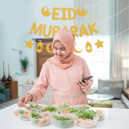 Eid Mubarak Banner - Ramadan Mubarak Decor, Happy Eid Sign, Islamic Festiva Party Decorations Gold Glitter