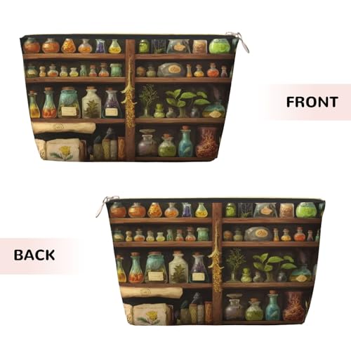 Leather Makeup Bag for Purse, Waterproof Small Toiletry Bag with Zipper, Cute Cosmetic Bags for Women, Potions Herb Shelves Travel Pouch - color: Potions Herb Shelves