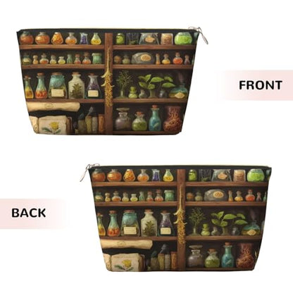 Leather Makeup Bag for Purse, Waterproof Small Toiletry Bag with Zipper, Cute Cosmetic Bags for Women, Potions Herb Shelves Travel Pouch - color: Potions Herb Shelves