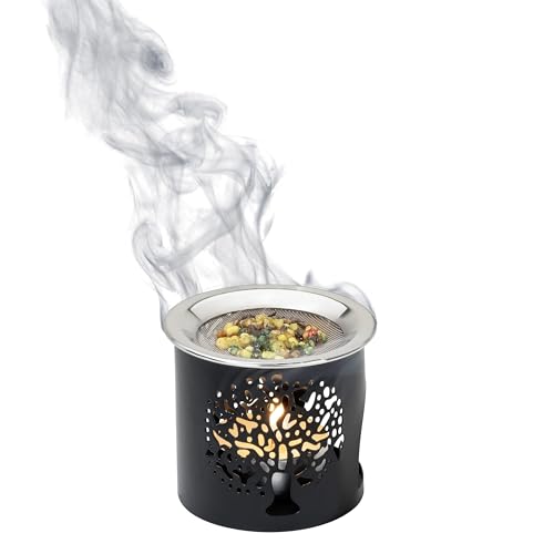 Handmade Black Iron Incense Burner/Incense Censer with Stainless Steel Sieve – 2.36-Inch Height Featuring Tree of Life Motif – Ideal for Aromatherapy and Tea Light Burning. Tealight Included - color: 2.4 Inch Tree of Life Iron