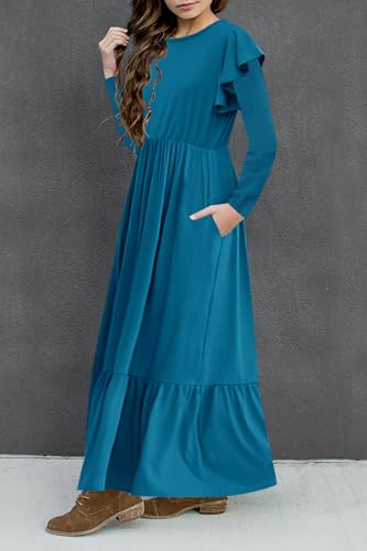 HOSIKA Girls Fall Ruffle Long Sleeve Crew Neck Loose Casual Flowy Tiered Maxi Dress with Pockets for 6-12 Y - color: Teal, size: 12 Years