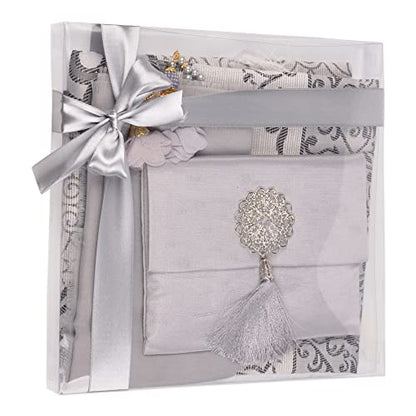 BABY SHOWER CHOCOLATE Prayer Rug Islamic Gift Set, Velvet Prayer Mat, Prayer Beads, Scarf and Yaseen Book, Perfect Family and Muslim Eid Gifts (Gray) - color: Grey