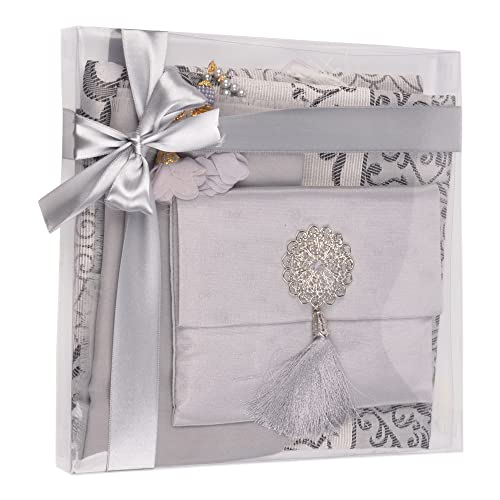 BABY SHOWER CHOCOLATE Prayer Rug Islamic Gift Set, Velvet Prayer Mat, Prayer Beads, Scarf and Yaseen Book, Perfect Family and Muslim Eid Gifts (Gray) - color: Grey