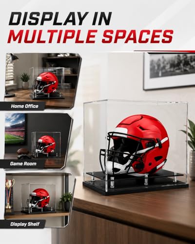 Football Helmet Display Case Full Size, Clear Acrylic Case with Black Base | Full size helmet display case for football, baseball or motorcycle helmets, clear acrylic, black base, self-assembly design. - size: Football Helmet Display Case