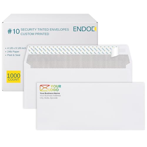 1000#10 Custom Printed Envelopes Self Seal, Security Tinted, #10 Custom Business Envelopes with Logo and Text, Peel and Seal Closure, Personalized Envelopes, White 24 lb Paper, 4 1/8 x 9 1/2 Inch - size: #10 Windowless