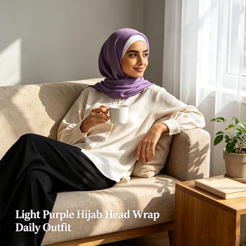 Hijab Scarf for Women, 3PCS Set with Undercap and Hijab Clip Lightweight Modal Muslim Head Wrap Scarf for Daily - color: Sy24-light Purple Hijab+white Undercap
