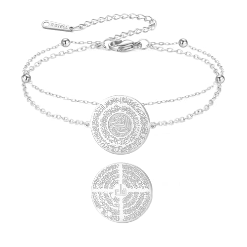 Dreamtimes Islamic Ayatul Kursi Bracelet for Women Men Muslim Quran Allah Adjustable Bracelet Ayatul Kursi Double-Sided Engraved Arabic Calligraphy Bracelets for Islam Eid Ramadan - color: Silver