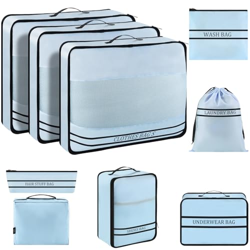 9 Set Packing Cubes Luggage Packing Organizers for Travel Accessories Space Saving Travel Bags for Carry On, Lightweight Mesh Zipper, Clothes, Shoes, Laundry and Shoe Bag, Suitcases (Blue) - color: Blue