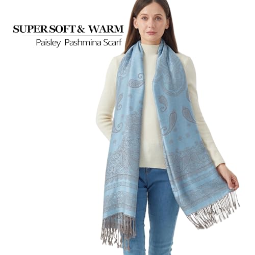 Reversible Paisley Pashmina Rave Scarf Shawl-Soft Silky Pashmina Wraps for Women Evening Dresses - color: E#. Style 5-light Blue