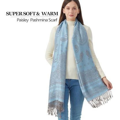 Reversible Paisley Pashmina Rave Scarf Shawl-Soft Silky Pashmina Wraps for Women Evening Dresses - color: E#. Style 5-light Blue