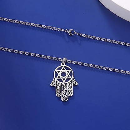 Hamsa Hand of Fatima Hexagram Necklace Star of David Evil Eye Pendant Jewish Female Protection Amulet Symbol Jewelry Women Men - color: silver