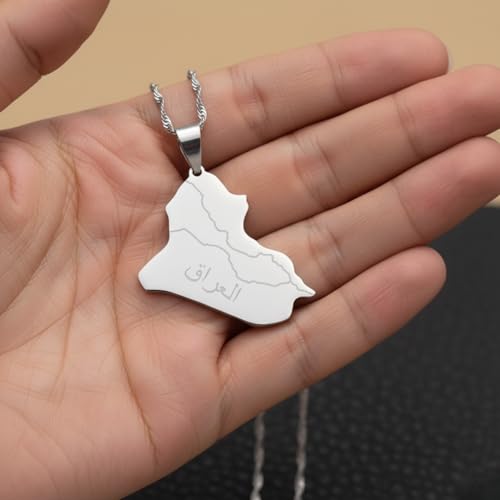 Iraq Map Flag Pendant Necklace for Women and Men – Stainless Steel Allah Name Iraq Map Pendant Necklaces - Meaningful Iraq Jewelry Gift - color: Silver 2