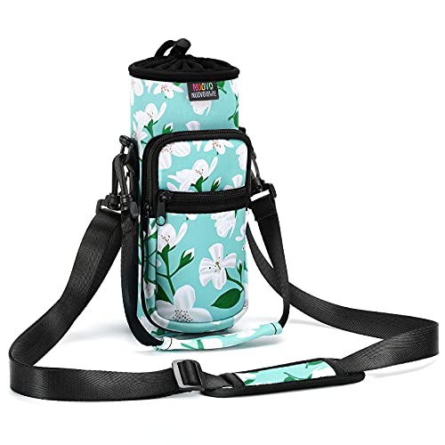 Nuovoware Water Bottle Carrier Bag, 25oz/32oz Bottle Pouch Holder, Adjustable Shoulder Hand Strap 2 Pocket Sling Neoprene Sleeve Sports Water Bottle Accessories for Gym Hiking Travelling, Green Lily | Adjustable Shoulder Hand Strap, 2 Pocket, Neoprene Sle