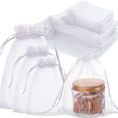 Amylove 100 Pcs White Organza Bags Bulk Sheer Mesh Gift Bags with Drawstring for Wedding Party Supplies Eid Mubarak Candy Fruit Jewelry(4 x 6 In, 7 x 9 In, 8 x 12 In) - size: 4 x 6 In, 7 x 9 In, 8 x 12 In