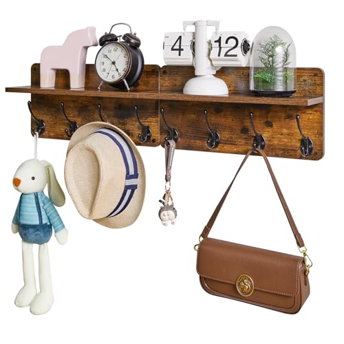 31.5" Coat Rack Wall Mount with Shelf and 8 Hooks, Rustic Brown, HWS006H-2 | 2 Pack Coat Hooks Key Holder Wall Mount, Wood Wall Mounted Coat Rack with Wall Hooks for Hanging, Towel Hooks for Bathroom - color: Rustic Brown