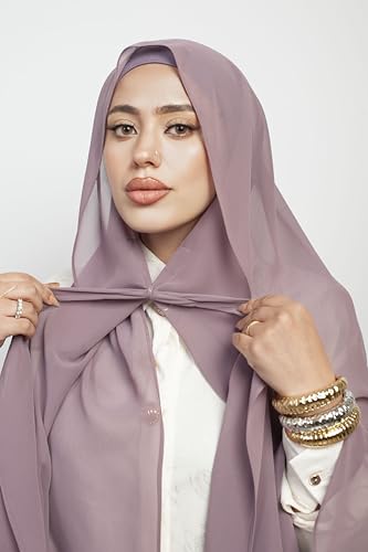 Instant Chiffon Hijab 3-in-1 with Built-in Magnets and Attached Match Undercap, Women Hijabs Set. - color: Mauve