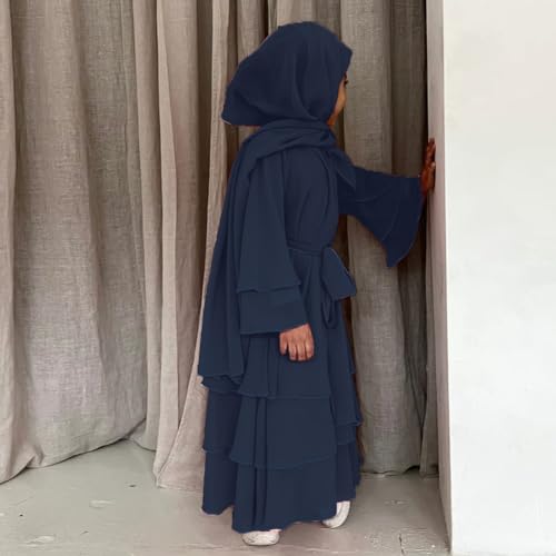 Chiffon layered Open Abaya Dubai Kaftan Muslim Cardigan Abayas Dresses For Girls Casual Robe Kimono Islam Clothing - color: Navy Blue, size: 11-12 Years