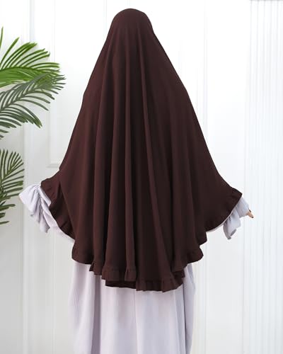 Muslim Prayer Hijab Solid Color Ruffled Head Scarf Women Islamic Head Cover Khimar - color: Dark Coffee
