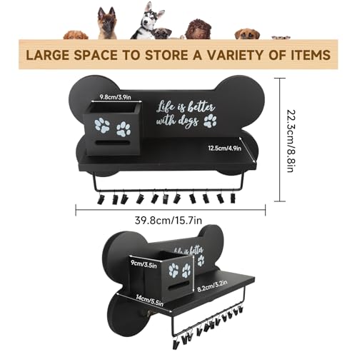 Wood Dog Leash Holder for Wall, Key Hangers with 3 Double Key Holder for Wall, Dog Stuff Organizer and Doggie Bone Key Hooks Wall Mount for Entryway, Farmhouse Treats, Black