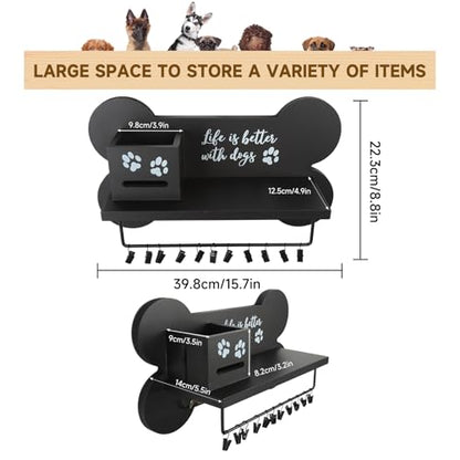 Wood Dog Leash Holder for Wall, Key Hangers with 3 Double Key Holder for Wall, Dog Stuff Organizer and Doggie Bone Key Hooks Wall Mount for Entryway, Farmhouse Treats, Black