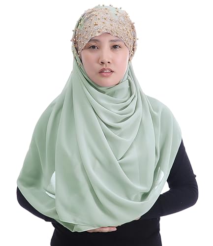 Lina & Lily Premium Chiffon Hijab Head Scarf Wrap with Gold Sequins Glitters Beads for Muslim Women - color: Mint Green
