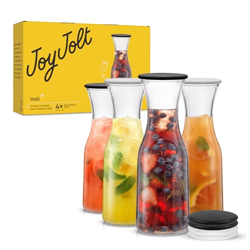 JoyJolt Glass Carafe with Lid, Set of 4 – 1 Liter Glass Pitcher for Mimosa Bar, Water, Iced Tea, Juice, Wine, Lemonade, Milk – Dishwasher Safe Beverage Drink Dispensers for Brunch, Parties - size: Set of 4, 36 Ounces each