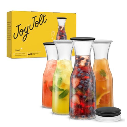 JoyJolt Glass Carafe with Lid, Set of 4 – 1 Liter Glass Pitcher for Mimosa Bar, Water, Iced Tea, Juice, Wine, Lemonade, Milk – Dishwasher Safe Beverage Drink Dispensers for Brunch, Parties - size: Set of 4, 36 Ounces each